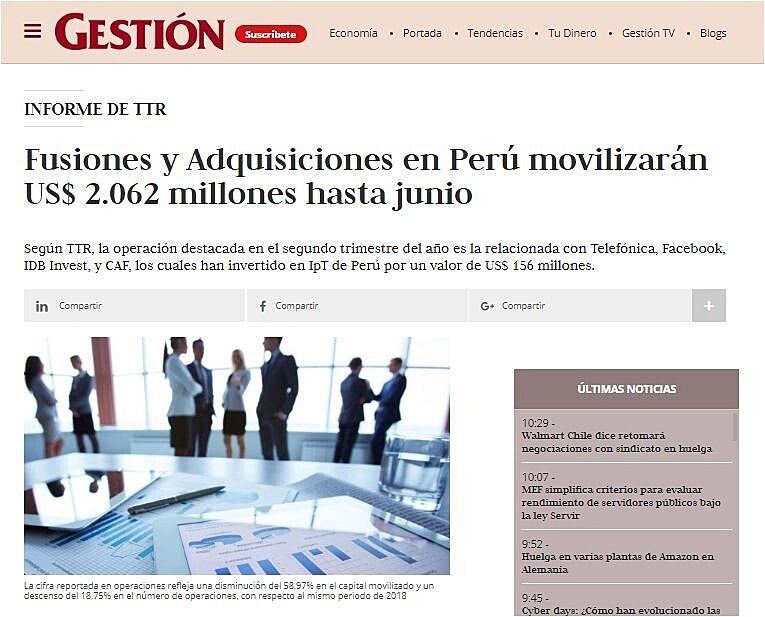 Fusiones y Adquisiciones en Per movilizarn US$ 2.062 millones hasta junio